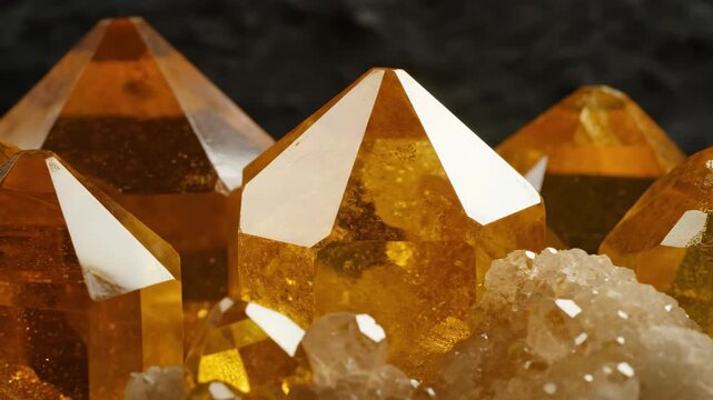 Luxury golden Citrine Quartz mineral crystal points texture background video asset