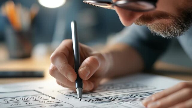 A designer meticulously draws website wireframes, highlighting the planning phase of web development. The image captures creativity, precision, and the importance of user experience in digital design