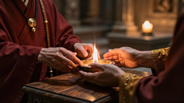 Interior view of a dimly lit Agiary sanctum, focus on the priest's hands near the glowing, concentrated sacred fire, rich wood and stone textures.