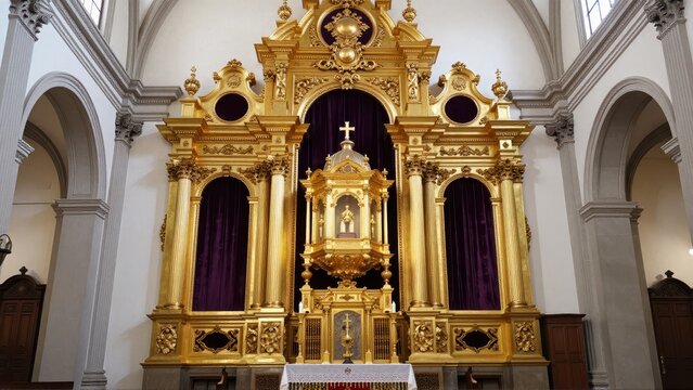 Interior shot of a large, richly decorated Philippine Catholic cathedral; focus on the illuminated, ornate gold tabernacle against dark purple velvet