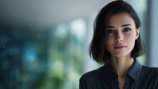 Portrait of a stylish woman in a dark shirt, exuding confidence and poise in a contemporary setting. Soft natural light highlights her features, emphasizing a serene and empowered mood