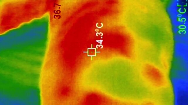 A thermal imaging camera scans a human body, panning down from the torso to a hot red foot. The shot displays real-time temperature readings in Celsius with a classic rainbow heat map palette