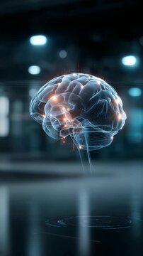 High resolution image of a transparent brain model with illuminated neural pathways, set against a blurred high tech background. Symbolizes AI, cognitive science, and digital transformation