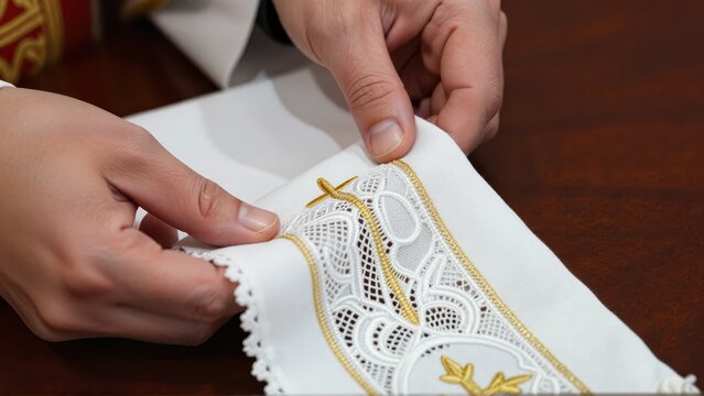 Extreme closeup on the hands of a sacristan carefully folding the altar cloth, revealing intricate lacework and embroidery details, set against the dark,