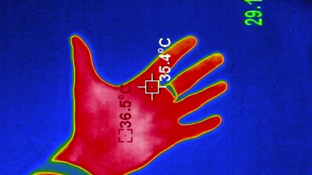 A thermal camera displays a human hand with red heat signatures and digital temperature overlays. Concept of biometric security, medical fever detection, and scientific infrared analysis.