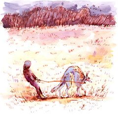 Man Walking Dog in Field Hand Drawn Illustration