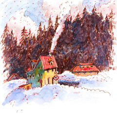 Cozy Houses in Snowy Forest Landscape