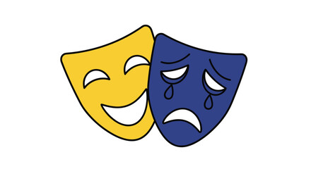 Two theatrical masks, one happy yellow and one sad blue, presented with simple outlines.