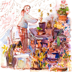 Woman Tending to Potted Plants Illustration