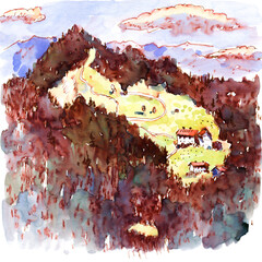 Watercolor Painting of Alpine Village