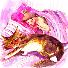 Woman Sleeping With Cat Illustration
