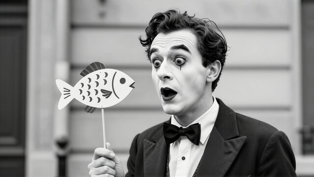 Classic Parisian mime, black and white street photography. Exaggerated shock expression with small paper fish taped to face. Humorous, unexpected urban