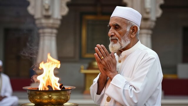 Venerable Parsi priest, aged, in pristine white kurta and cap, praying in a fire temple, hands clasped, intricate details, cultural reverence, spiritual.