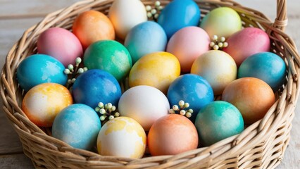 Naklejka premium Highly textural still life featuring a tightly woven wicker basket filled to the brim with dozens of organically dyed Easter eggs, interspersed with