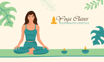 Obraz premium Young Woman Practicing Yoga Meditation at Home, Flat Vector Illustration