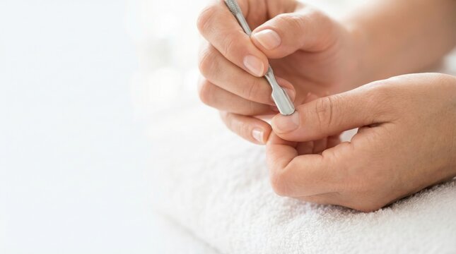 Close-up of a woman using a metal cuticle pusher to gently tend to her nails over a white towel during a manicure.