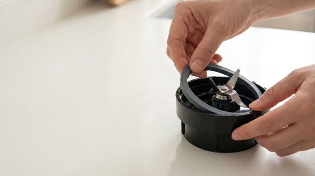 Hands placing a rubber gasket seal onto the blade assembly of a personal blender on a white kitchen counter.