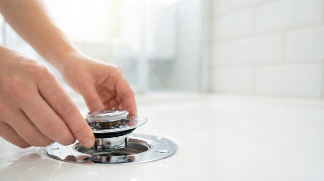 A person's hands installing a new chrome pop-up drain stopper into a white acrylic shower base.