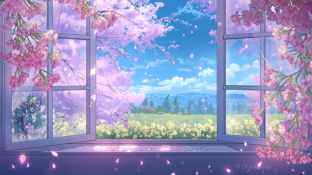 やわらかな光に包まれた窓辺と春の花々を描いた水彩イラスト、満開の花と舞う花びらが印象的な背景素材、室内と庭の奥行き構図、ポスター、広告、サムネイル、表紙デザインに使える余白ありの季節感あふれるビジュアル素材