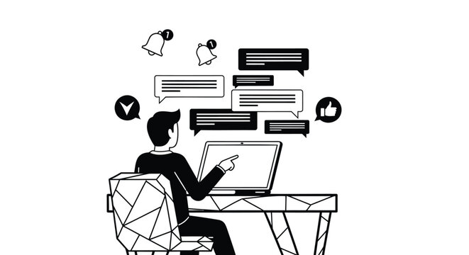 Businessman working on laptop with chat bubbles icon