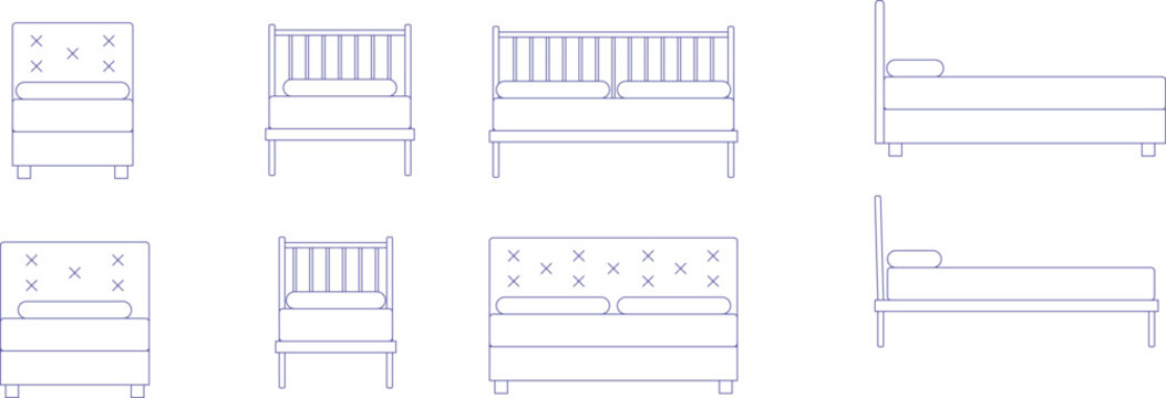 Architectural CAD block set of various bed designs, featuring front and side elevations of single and double beds with different headboard styles for interior bedroom planning.