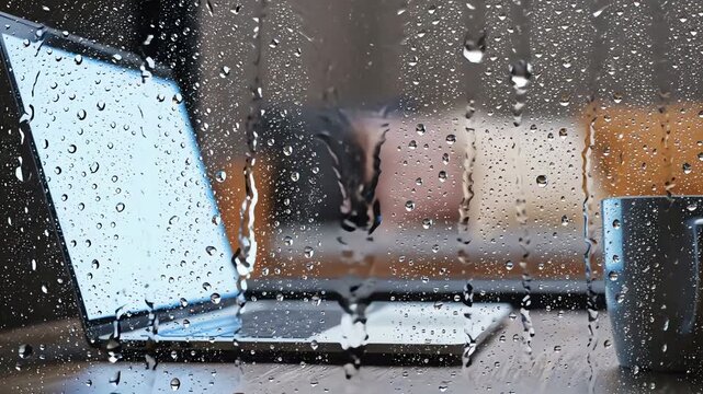 Rainy day work from home: Laptop and coffee by a window with raindrops