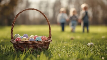 Wicker Easter basket with colorful eggs on grass with children in background