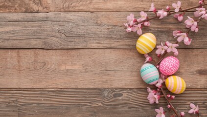 Colorful Easter eggs and pink cherry blossoms on rustic wooden background colorful eggs striped eggs