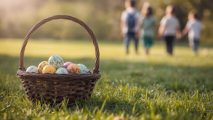 Brown wicker basket filled with colorful speckled easter eggs on green grass with family in background