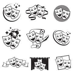 collection of comedy and tragedy theatrical masks isolated on white background