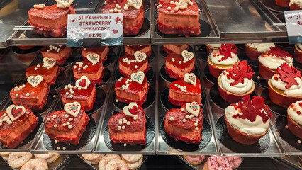 Valentine sweets fill bakery showcase, sweets sparkling with red hearts, sweets perfect for couples, cinematic closeups. Sweet menu promos, romantic food mood, social reels