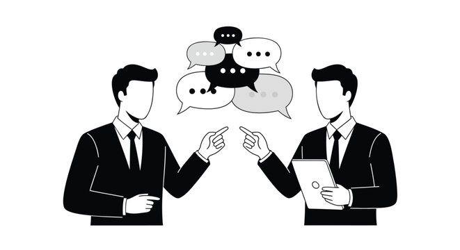 Businessmen discussing chatbots and speech bubbles