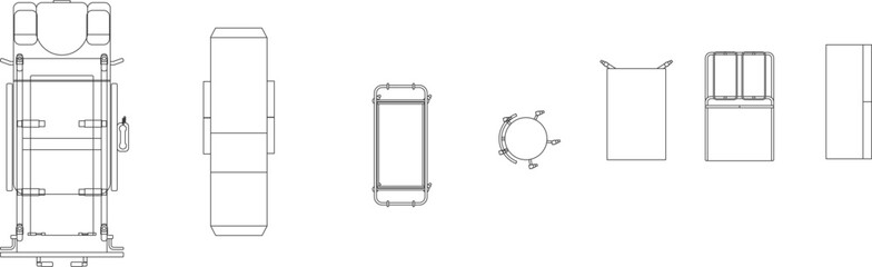 Architectural CAD block collection of medical facility equipment, featuring top-view technical drawings of surgical beds, operating tables, and clinical room fixtures. © Riki