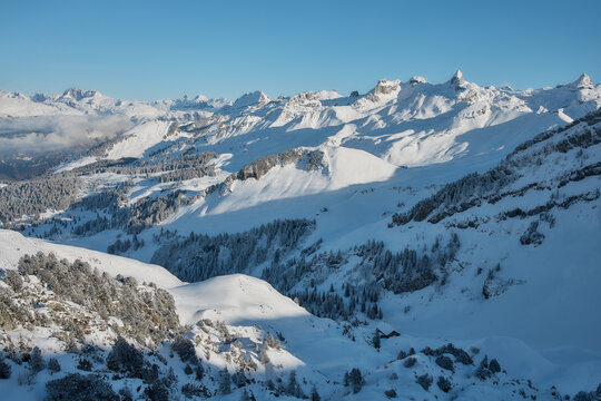 Wide panoramic view of snow covered Swiss Alps, Stoos