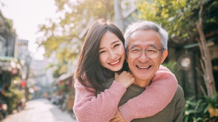 Fototapeta premium Young woman hugs older man with joy while walking in a sunny street during the day