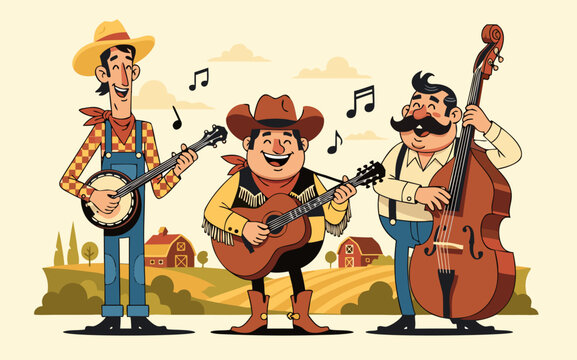Happy cowboy musicians playing guitar, banjo and upright bass in countryside setting.