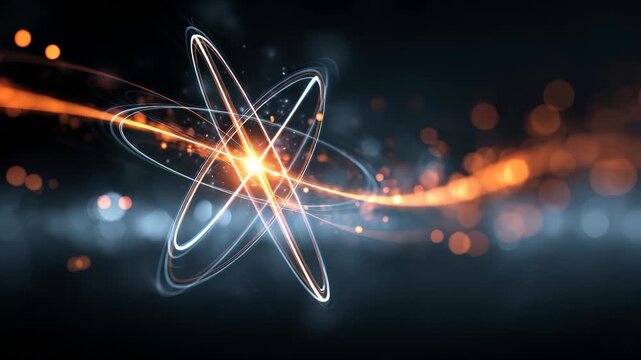 Futuristic glowing atom model with dynamic energy trails and vibrant particles on a dark background. Abstract visualization of atomic structure and quantum physics in modern digital art