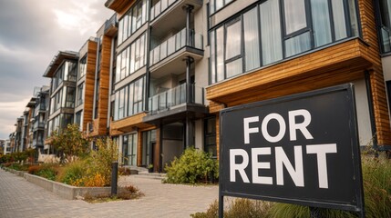 Obraz premium Modern apartment building with glass windows available for rent in urban setting during cloudy day