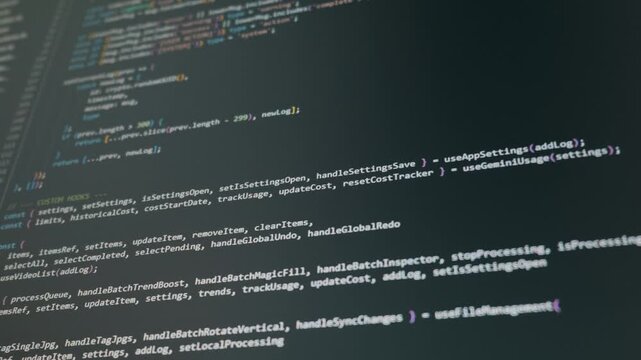 Close up view of colorful Javascript React source code scrolling vertically on a digital computer monitor. Concept of modern software engineering, web development, and AI programming.
