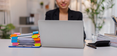 Business Documents, Auditor businesswoman checking searching document legal prepare paperwork or...