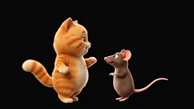 Cute cartoon cat and rat characters dancing together loop, whimsical animal friends animation 4K