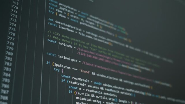 Lines of colorful Javascript code scroll rapidly down a dark monitor screen with distinct syntax highlighting. Concept of vibe coding, artificial intelligence automation, and software development