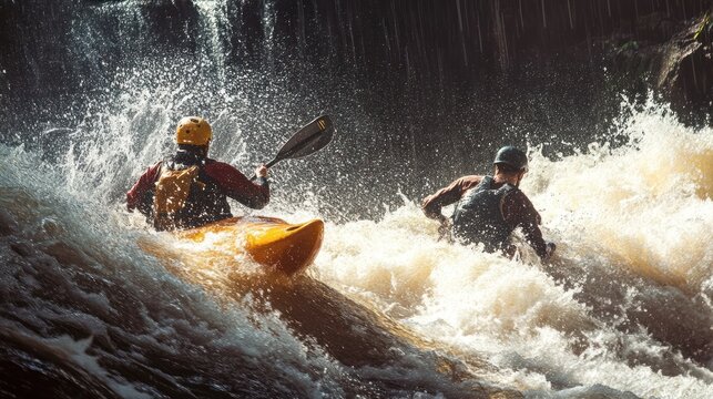 Two kayakers navigate a thrilling whitewater rapid, showcasing powerful water currents and splashing spray