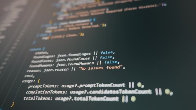 Colorful lines of programming script scroll on a dark monitor during software development. Concept of artificial intelligence, machine learning, and digital data processing.