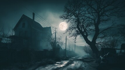 Naklejka premium A moonlit, fog-drenched house stands eerie beside a gnarled tree—haunting and desolate. The gothic scene evokes suspense, isolation, and classic horror atmosphere.