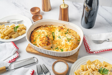 Baked chicken with ziti pasta. Lean protein meal