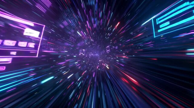 First-person POV flying infinite futuristic cyber tunnel, glowing neon data streams, holographic UI panels floating 3D space, dynamic HUD elements abstract digital background, motion blur, deep cyber
