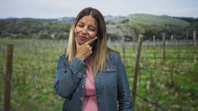 Woman touching chin with hand and slight smile in denim jacket in a vineyard by fence and rolling hills forest; thoughtful reflection.