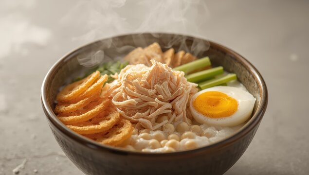Bandung chicken porridge is an Indonesian dish made of rice porridge, shredded chicken, cakwe, fried soybeans, crackers, leeks, and egg. Focused close-up