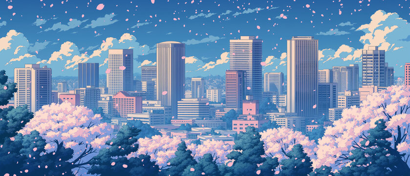 満開の桜が広がる都市全景を描いた春の街イラスト、ビル群と住宅街を包み込む花景色と舞う花びら、奥行きある広角構図、地域紹介、観光案内、ポスター、バナー、動画背景、サムネイルに最適な季節イベント向けビジュアル素材